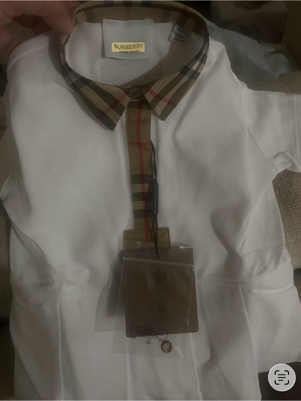 Burberry White Polo with Vintage Check Collar and Placket